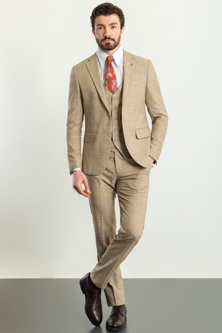 Brabion Elio Beige Slim Fit Notch Lapel 3 Piece Plaid Suit