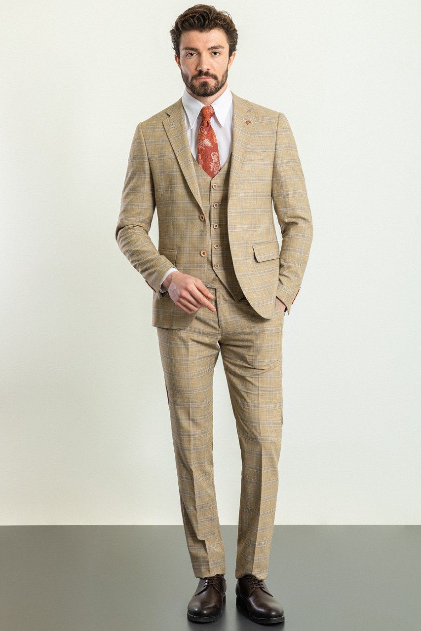 Brabion Elio Beige Slim Fit Notch Lapel 3 Piece Plaid Suit