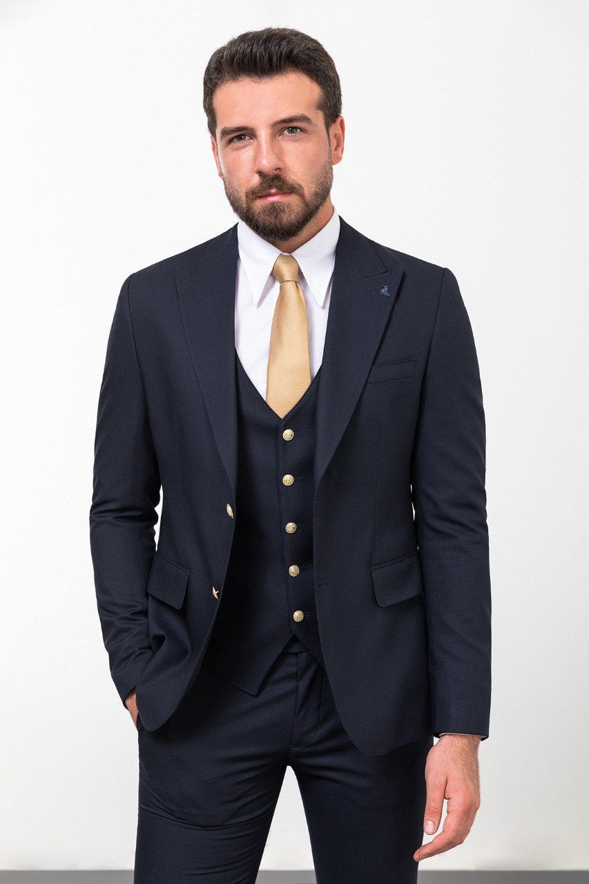 Brabion Marco Navy Blue Slim Fit Peak Lapel 3 Piece Suit