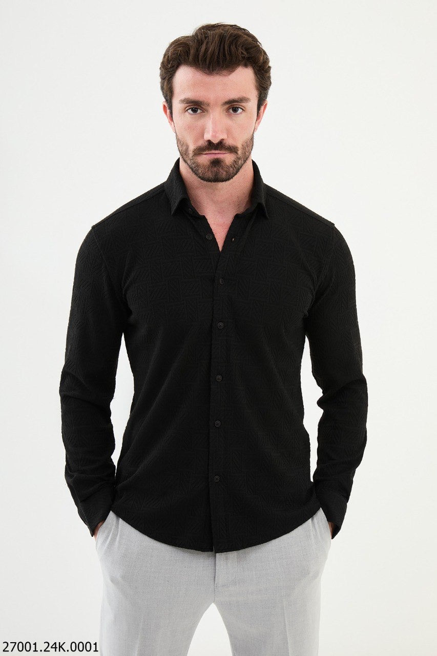 Brabion Nico Black Slim Fit Woven Pattern Casual Shirt