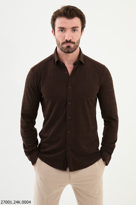 Brabion Nico Brown Slim Fit Woven Pattern Casual Shirt