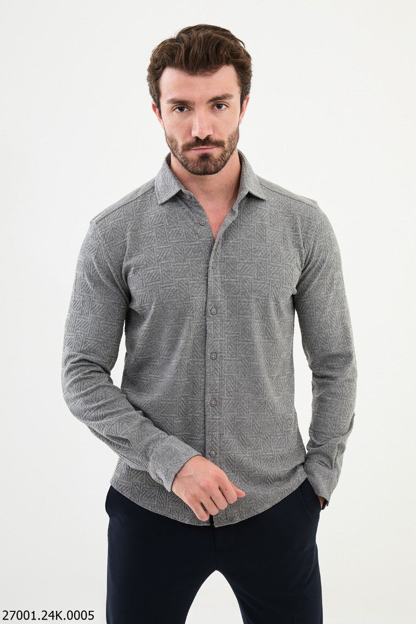 Brabion Nico Gray Slim Fit Woven Pattern Casual Shirt