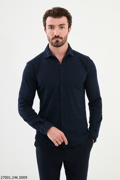 Brabion Nico Navy Blue Slim Fit Woven Pattern Casual Shirt