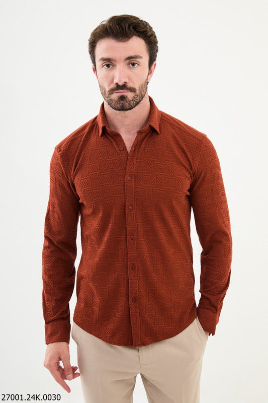 Brabion Nico Rust Slim Fit Woven Pattern Casual Shirt