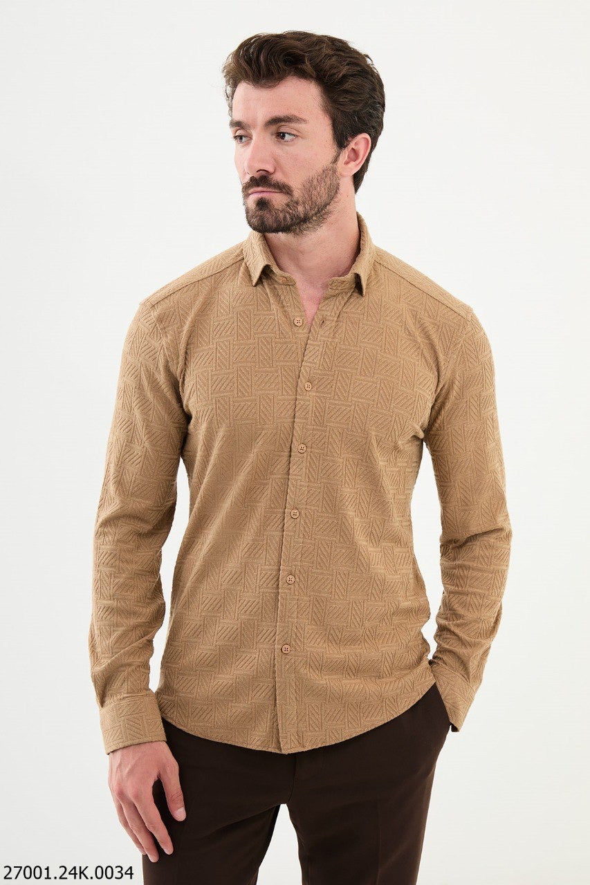 Brabion Nico Beige Slim Fit Woven Pattern Casual Shirt