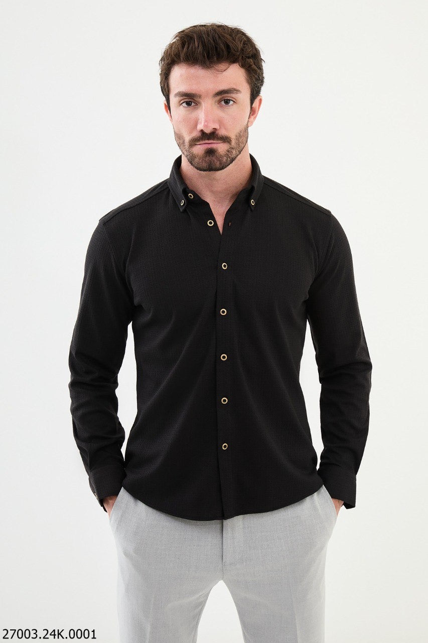 Brabion Nico Black Slim Fit Cross Pattern Casual Shirt