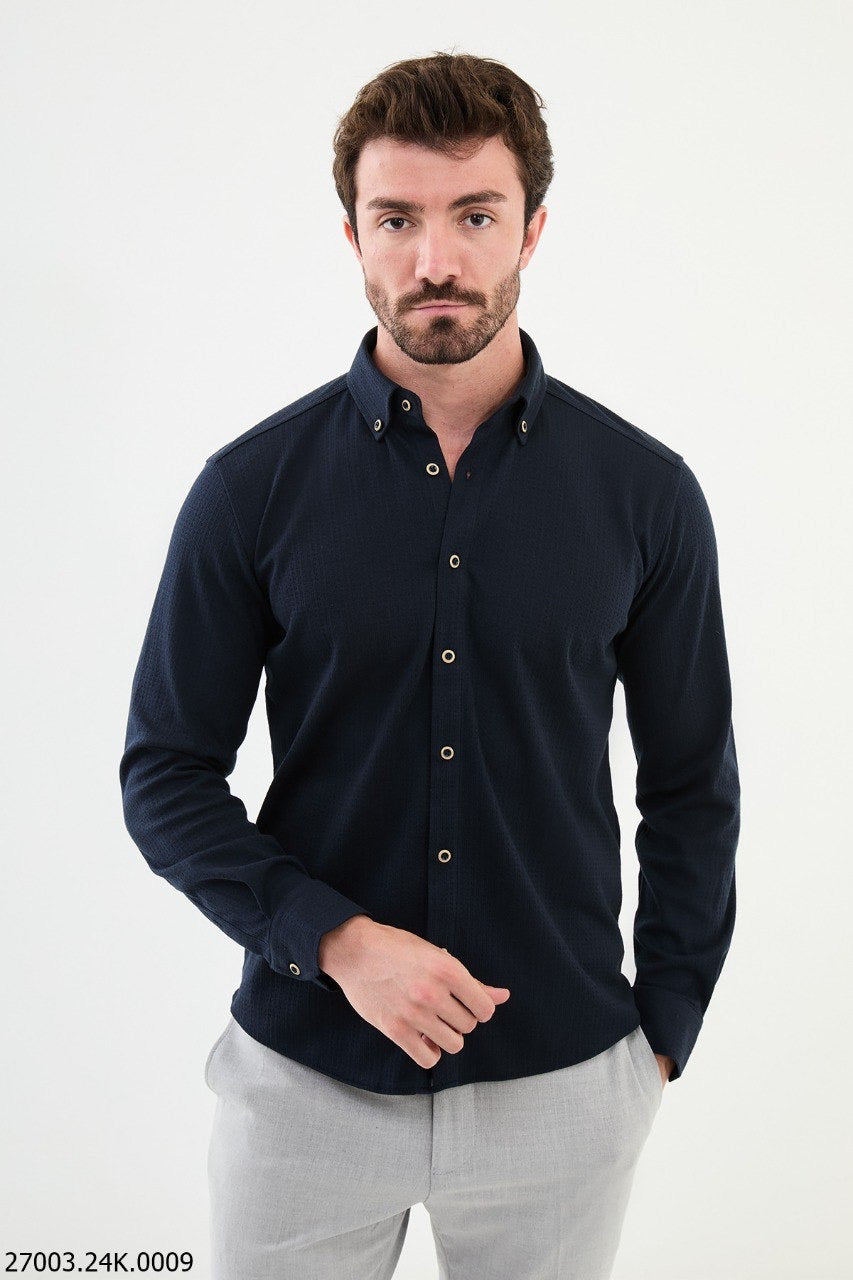 Brabion Nico Navy Blue Slim Fit Cross Pattern Casual Shirt