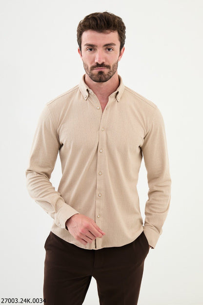 Brabion Nico Beige Slim Fit Cross Pattern Casual Shirt