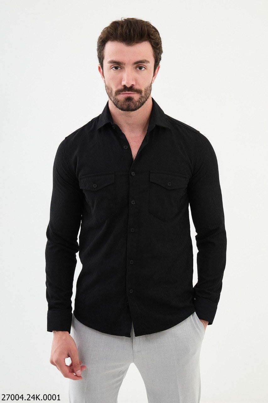 Brabion Nico Black Slim Fit Double Pocket Striped Shirt