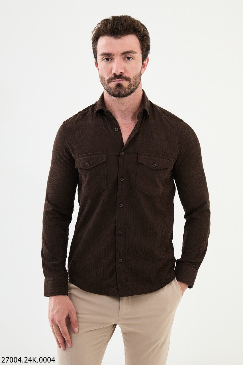 Brabion Nico Brown Slim Fit Double Pocket Striped Shirt