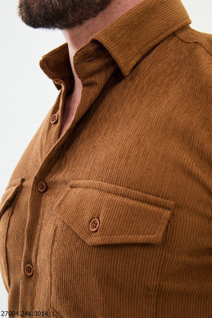 Brabion Nico Camel Slim Fit Double Pocket Striped Shirt