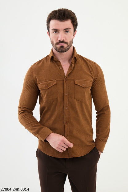 Brabion Nico Camel Slim Fit Double Pocket Striped Shirt