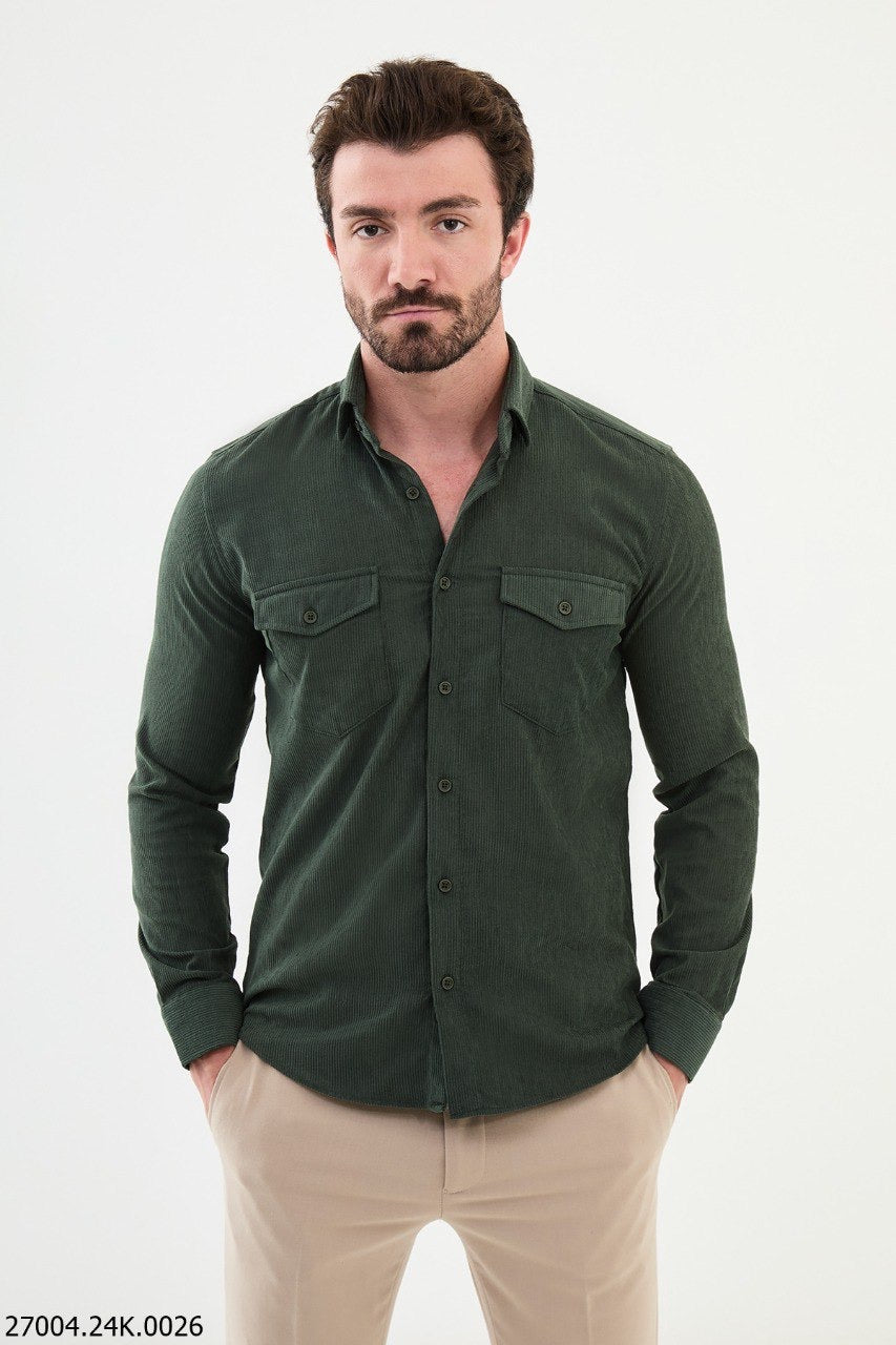 Brabion Nico Green Slim Fit Double Pocket Striped Shirt