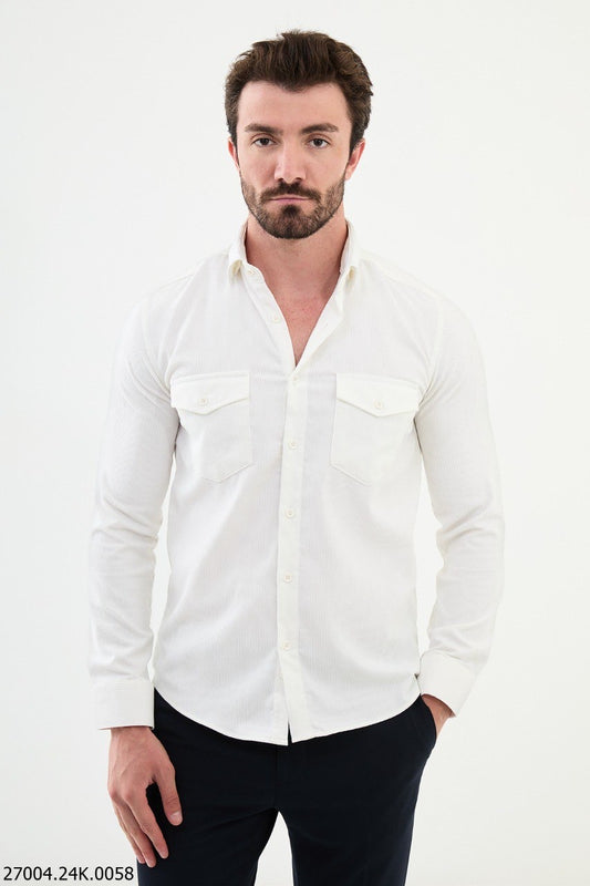 Brabion Nico White Slim Fit Double Pocket Striped Shirt