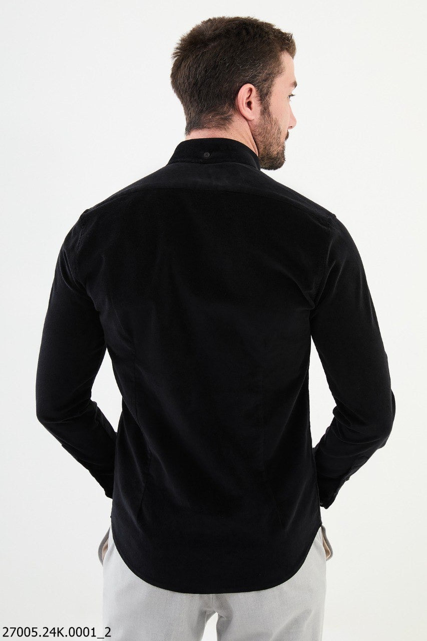 Brabion Nico Black Slim Fit Double Pocket Corduroy Shirt