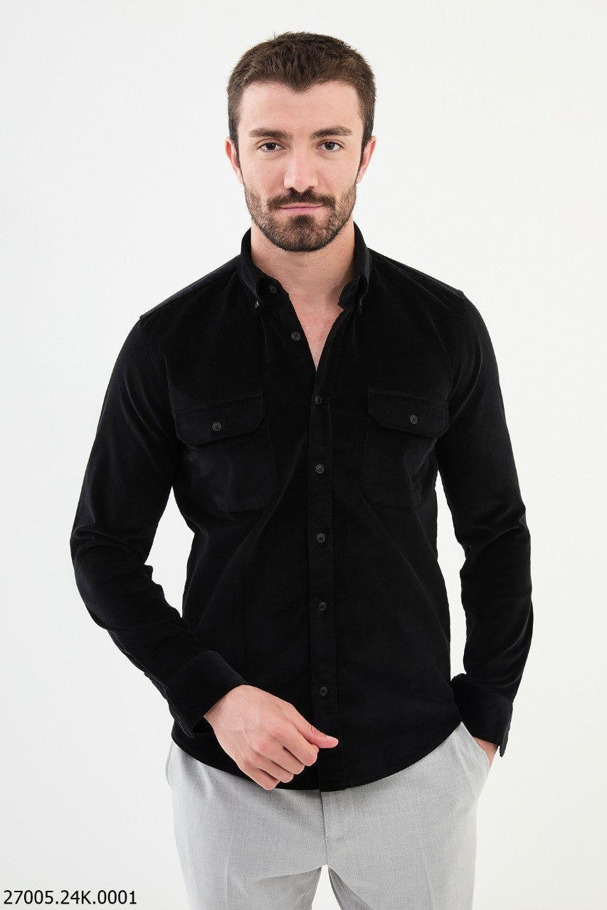 Brabion Nico Black Slim Fit Double Pocket Corduroy Shirt