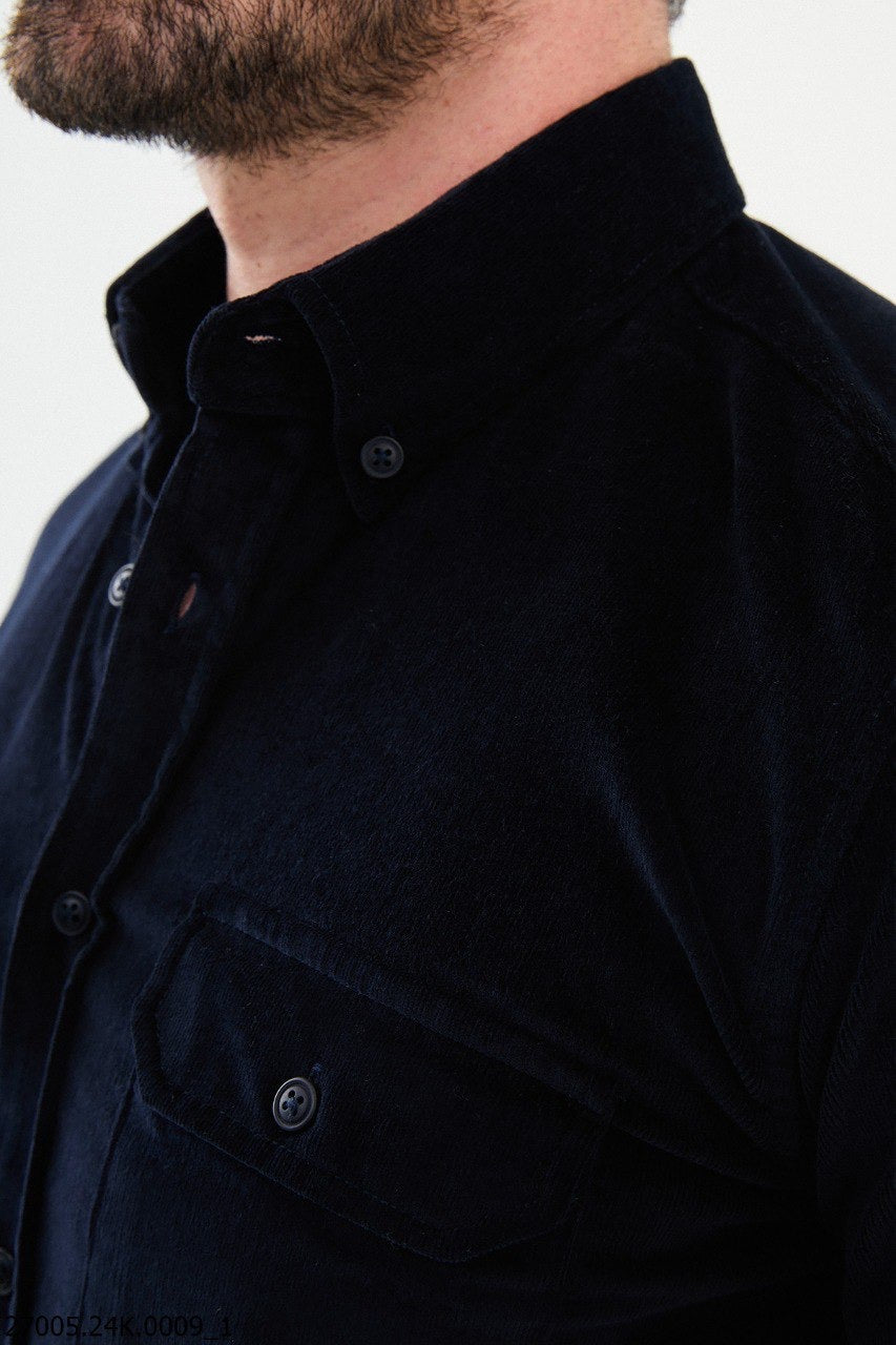 Brabion Nico Navy Blue Slim Fit Double Pocket Corduroy Shirt