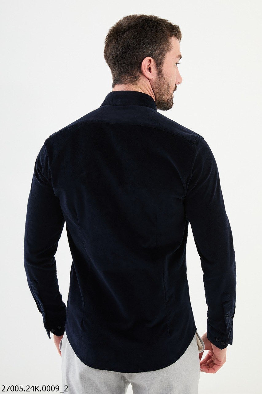 Brabion Nico Navy Blue Slim Fit Double Pocket Corduroy Shirt