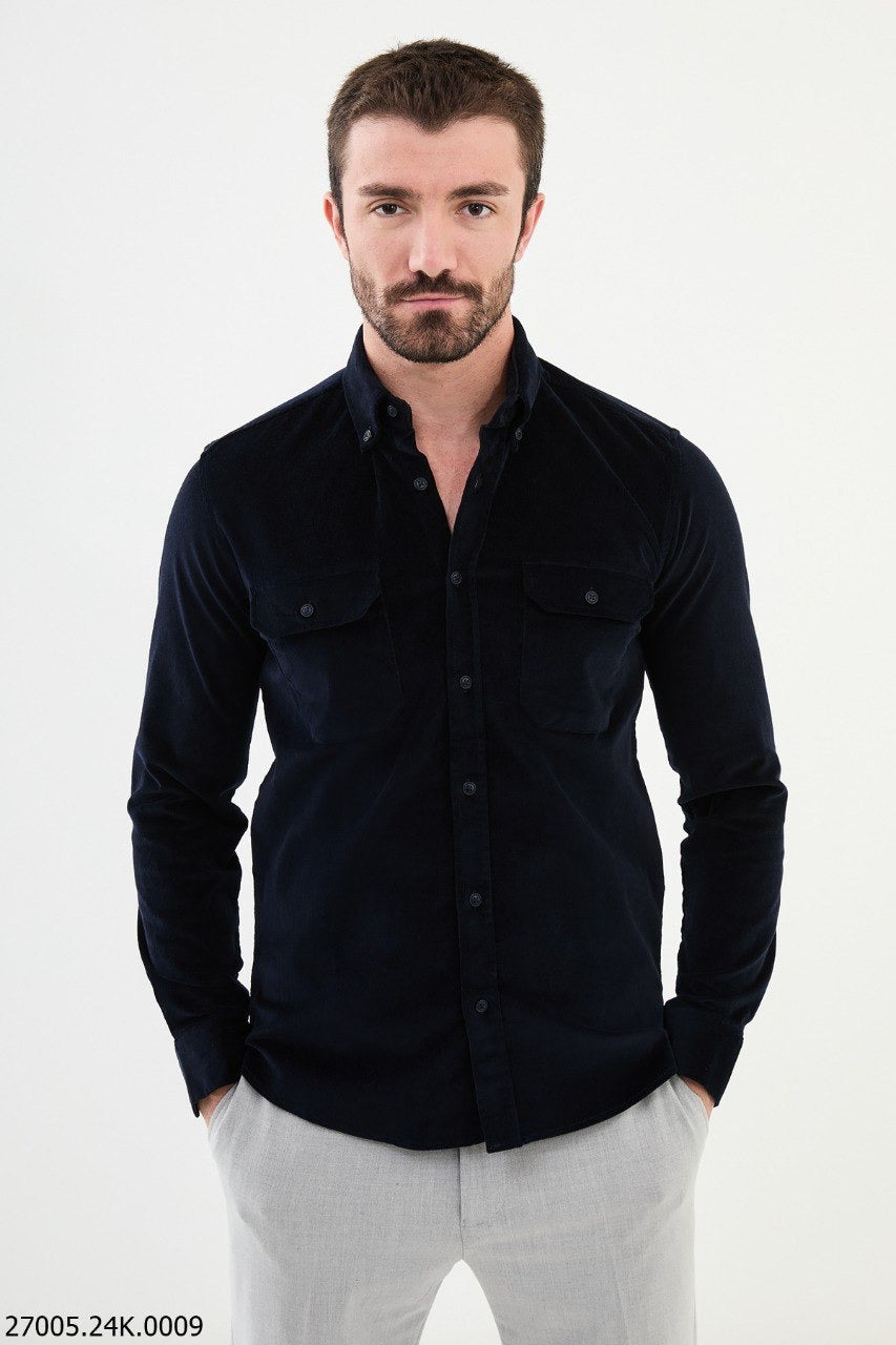 Brabion Nico Navy Blue Slim Fit Double Pocket Corduroy Shirt