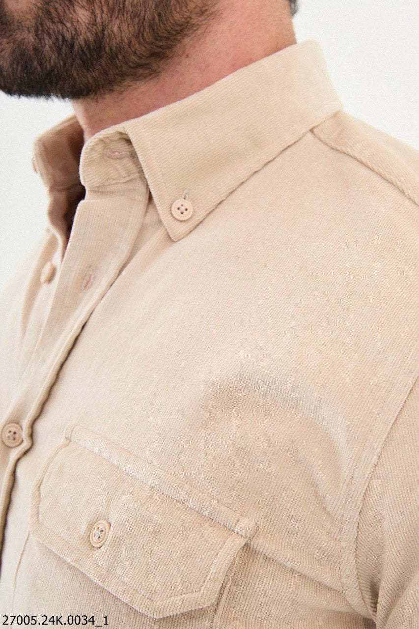 Brabion Nico Beige Slim Fit Double Pocket Corduroy Shirt