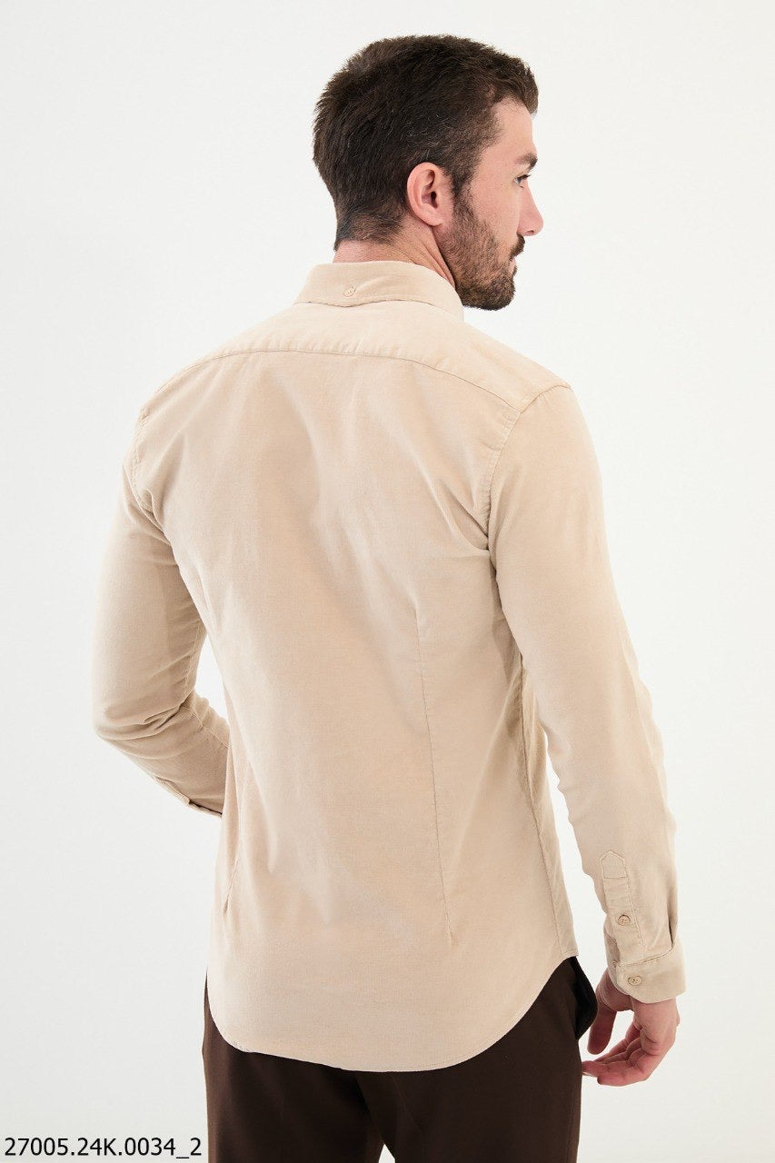 Brabion Nico Beige Slim Fit Double Pocket Corduroy Shirt