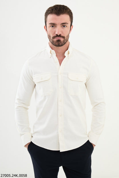 Brabion Nico White Slim Fit Double Pocket Corduroy Shirt