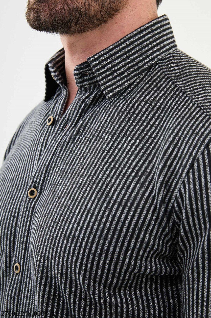 Brabion Nico Black Slim Fit Striped Wool Shirt