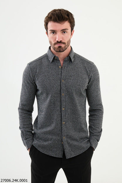 Brabion Nico Black Slim Fit Striped Wool Shirt