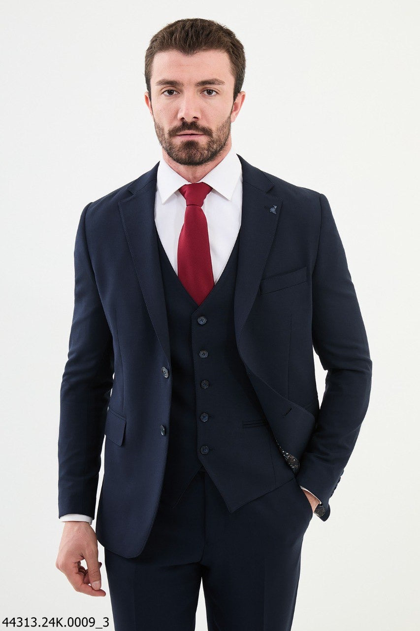 Brabion Diego Dark Blue Notch Lapel 3 Piece Wool Suit