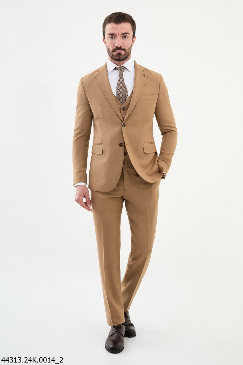 Brabion Diego Camel Notch Lapel 3 Piece Wool Suit