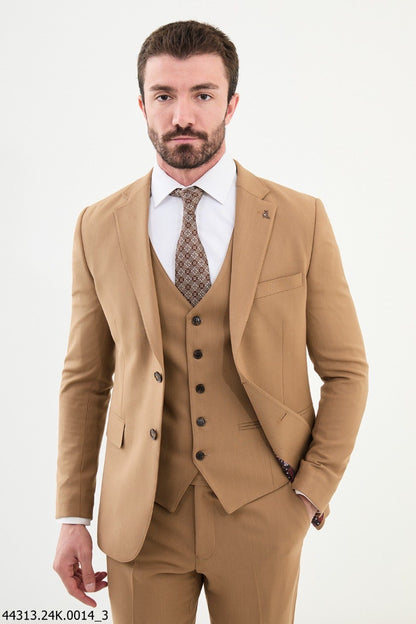 Brabion Diego Camel Notch Lapel 3 Piece Wool Suit