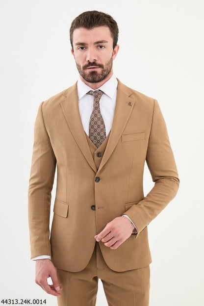 Brabion Diego Camel Notch Lapel 3 Piece Wool Suit