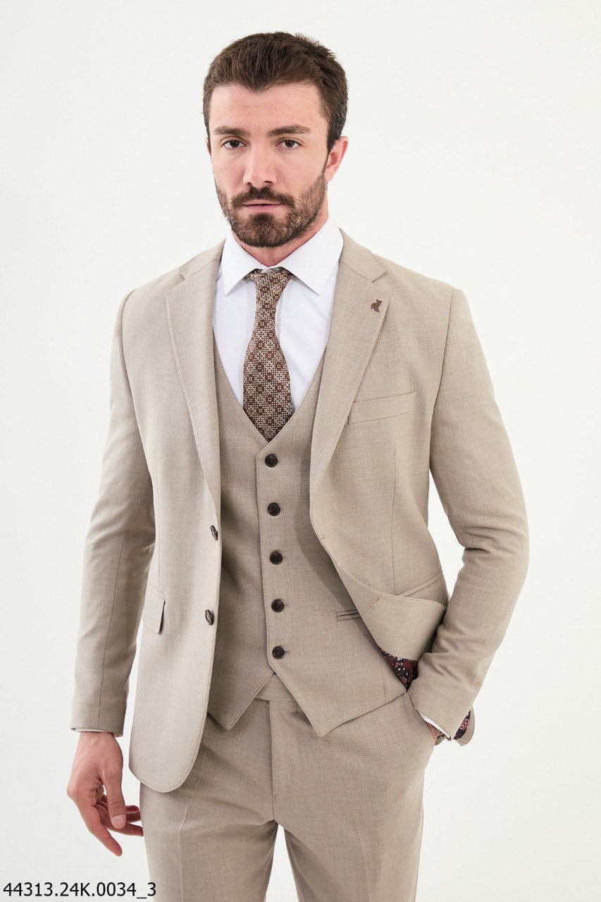 Brabion Diego Beige Notch Lapel 3 Piece Wool Suit