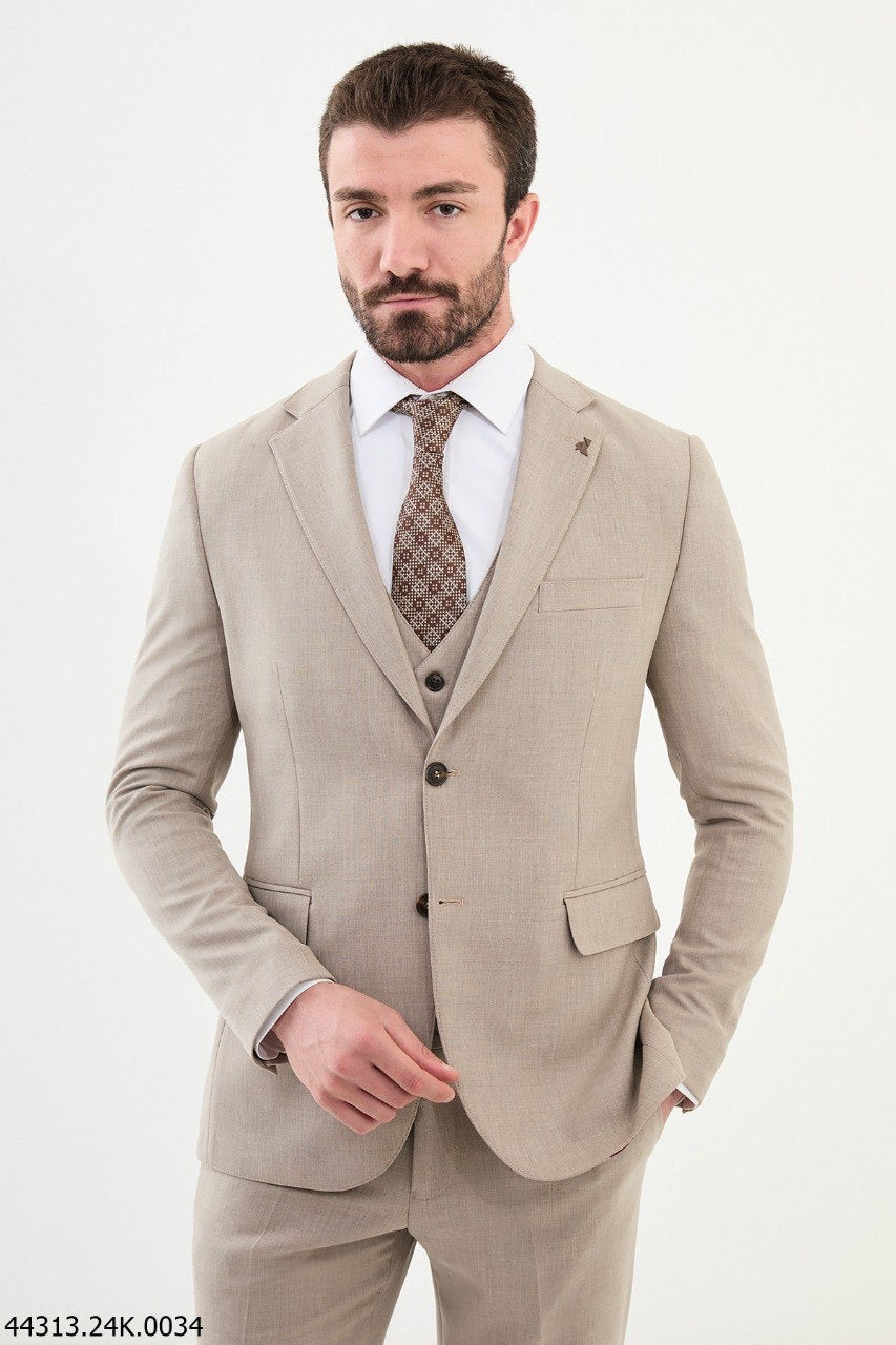 Brabion Diego Beige Notch Lapel 3 Piece Wool Suit