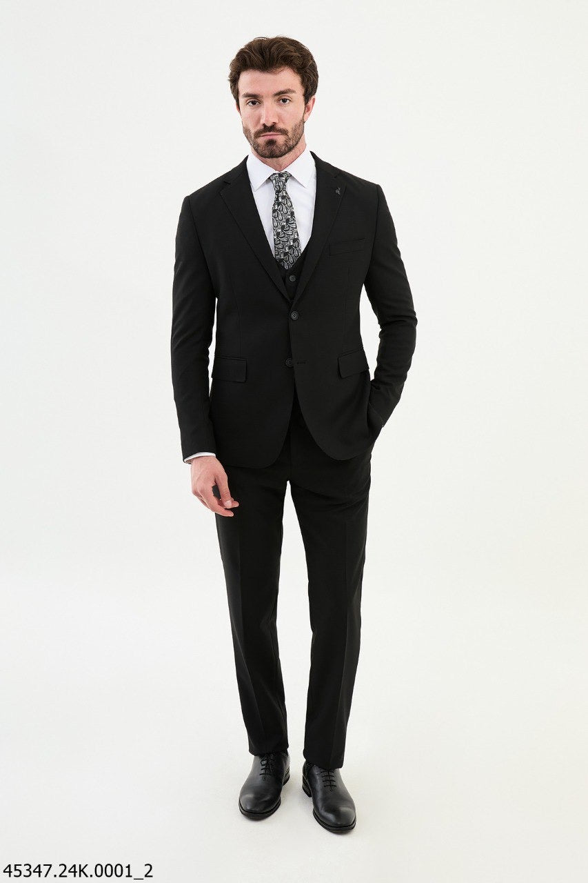 Brabion Diego Black 3 Piece Plaid Wool Suit - Slim-Fit Elegance