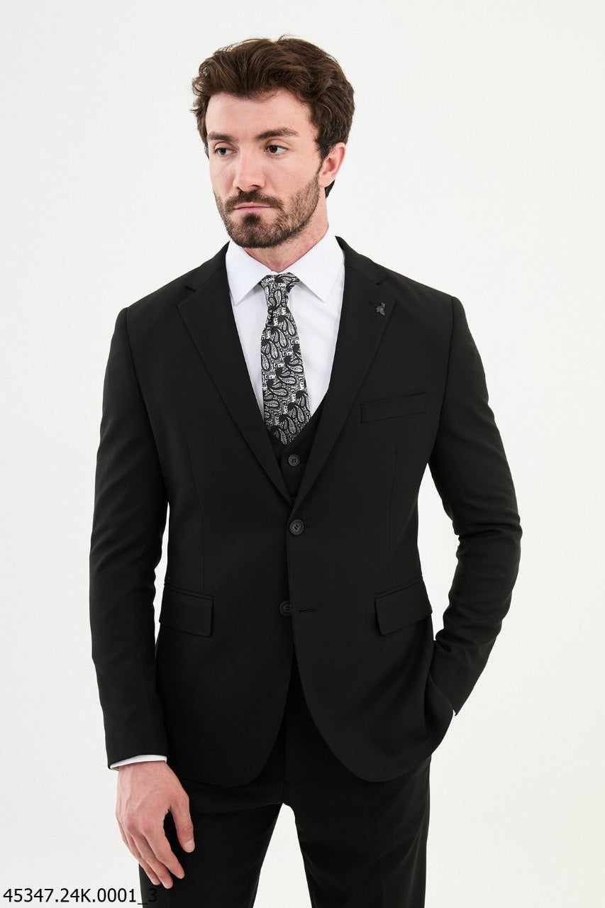 Brabion Diego Black 3 Piece Plaid Wool Suit