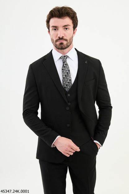 Brabion Diego Black 3 Piece Plaid Wool Suit - Slim-Fit Elegance