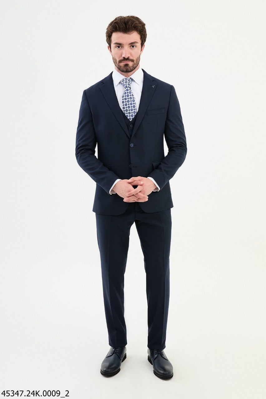 Brabion Diego Navy Blue Notch Lapel 3 Piece Wool Suit