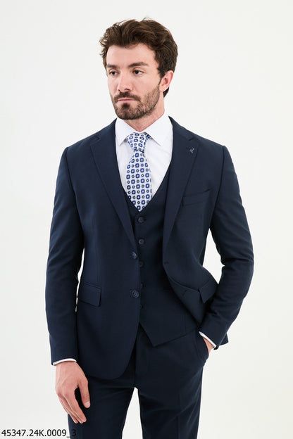 Brabion Diego Navy Blue Notch Lapel 3 Piece Wool Suit