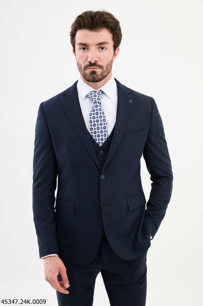 Brabion Diego Navy Blue Notch Lapel 3 Piece Wool Suit