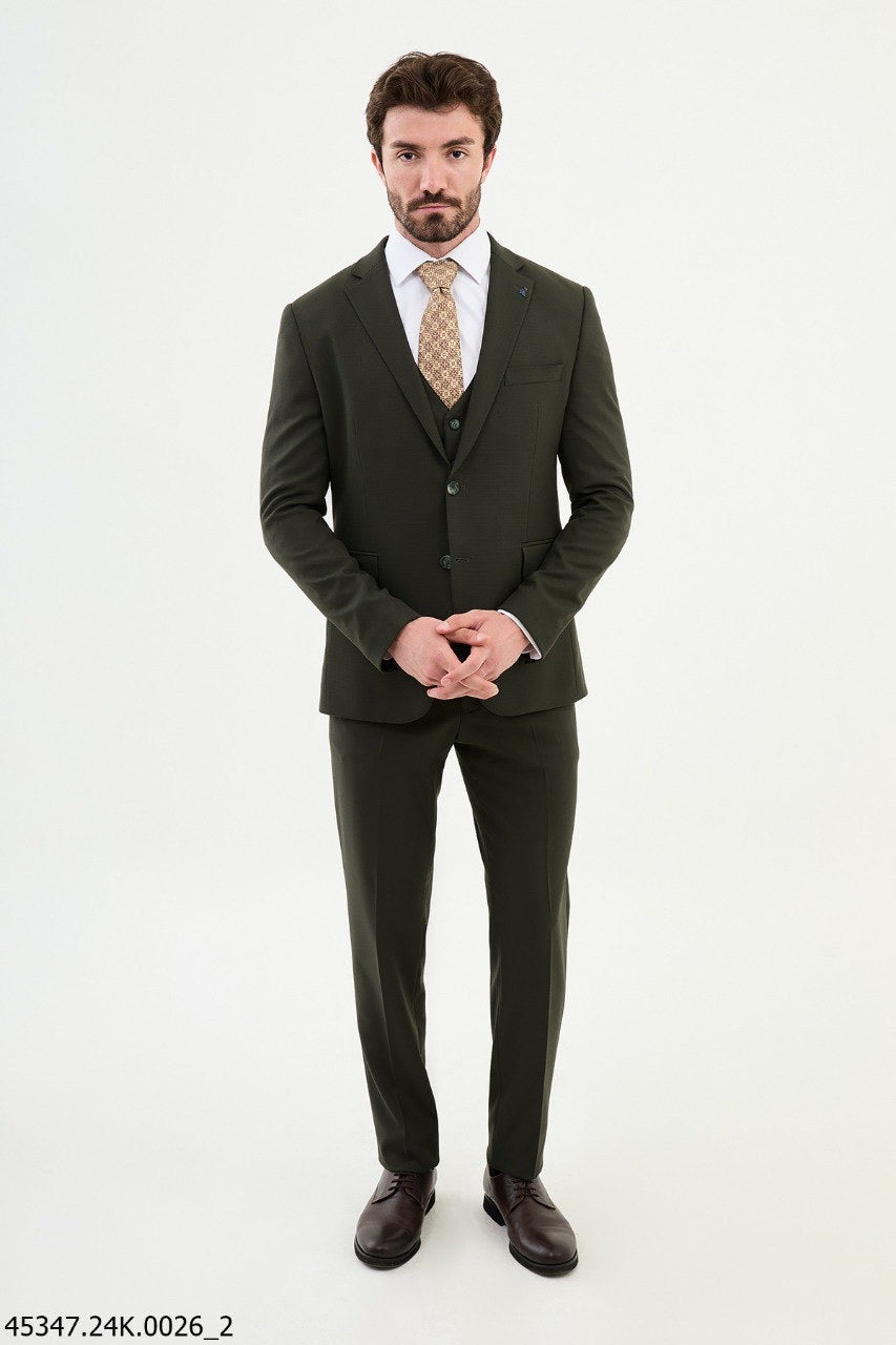 Brabion Diego Khaki Notch Lapel 3 Piece Wool Suit - Modern Elegance for Every Occasion