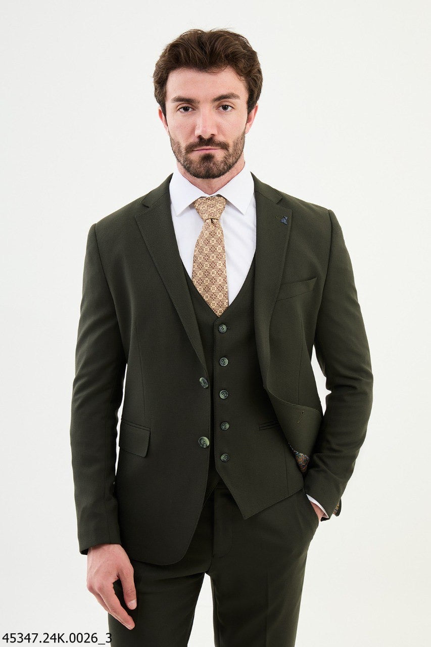 Brabion Diego Khaki Notch Lapel 3 Piece Wool Suit - Modern Elegance for Every Occasion