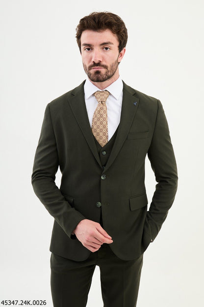 Brabion Diego Khaki Notch Lapel 3 Piece Wool Suit - Modern Elegance for Every Occasion