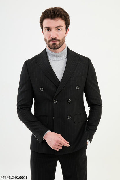 Brabion Diego  Black 2 Piece Double Breasted Pinstripe Wool Suit