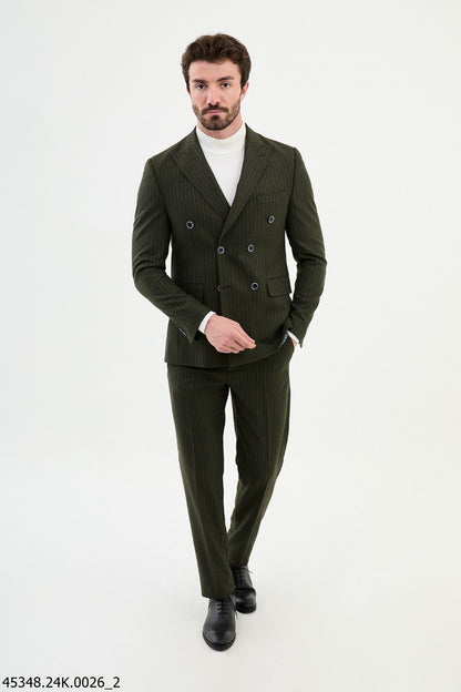 Brabion Diego Khaki 2 Piece Double Breasted Pinstripe Wool Suit