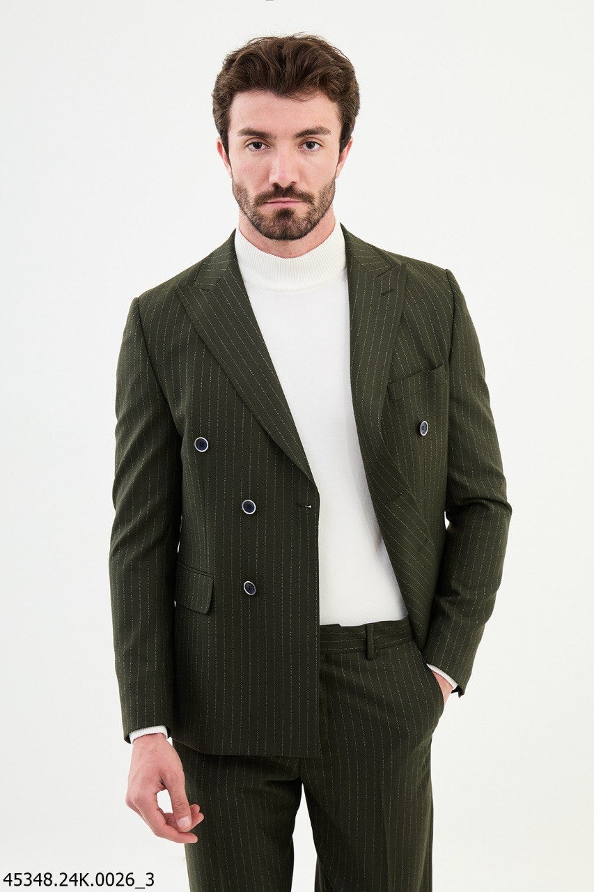 Brabion Diego Khaki 2 Piece Double Breasted Pinstripe Wool Suit