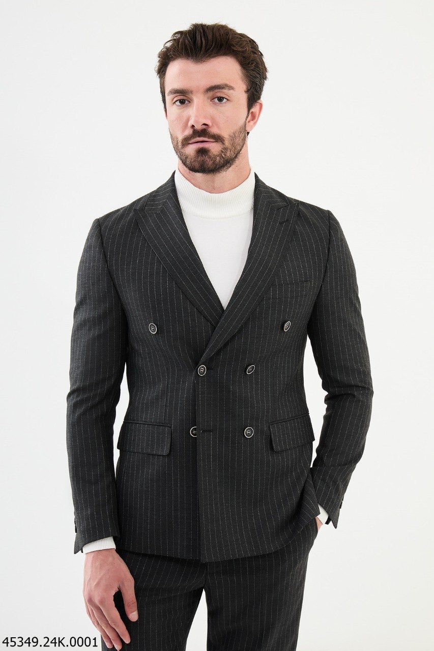 Brabion Diego Dark Gray 2 Piece Double Breasted Pinstripe Wool Suit