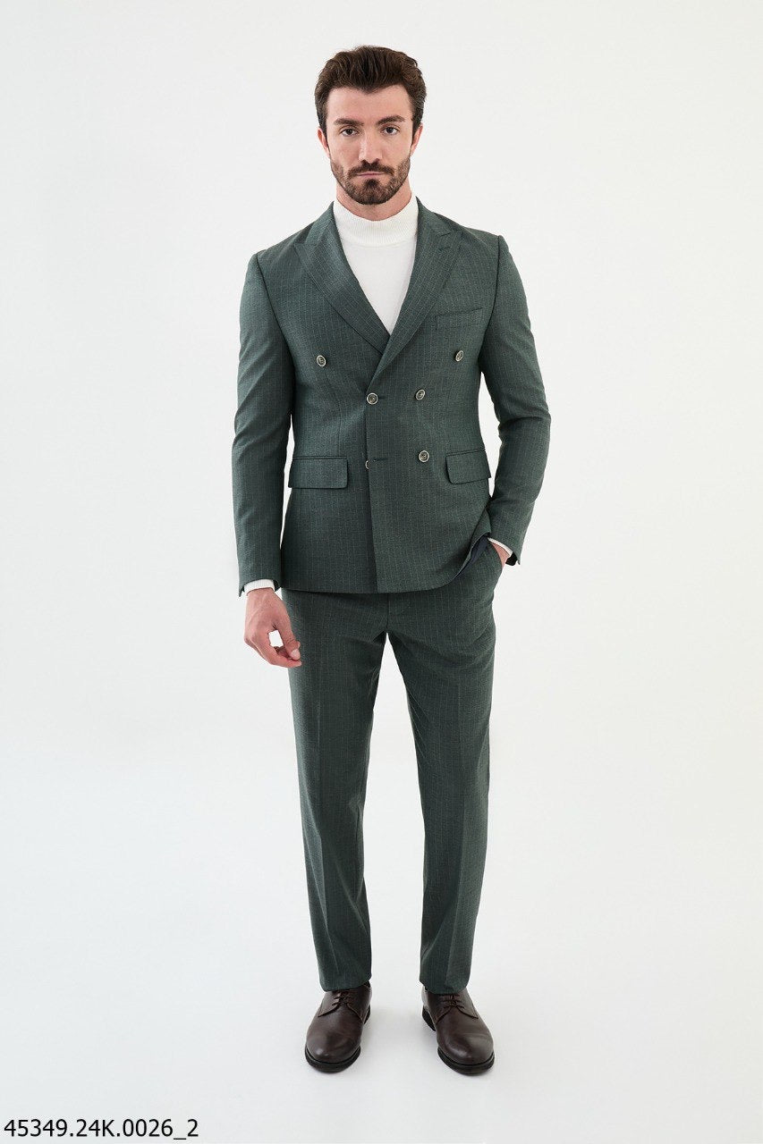 Brabion Diego Green 2 Piece Double Breasted Pinstripe Wool Suit