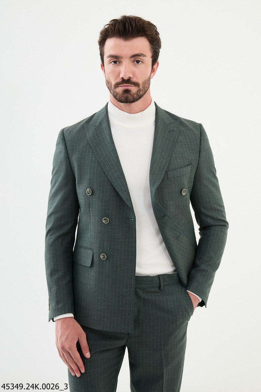 Brabion Diego Green 2 Piece Double Breasted Pinstripe Wool Suit