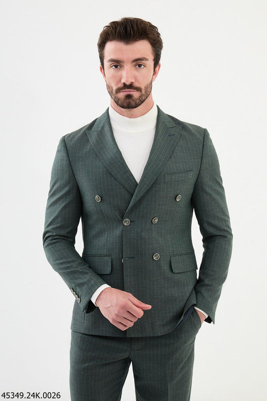 Brabion Diego Green 2 Piece Double Breasted Pinstripe Wool Suit